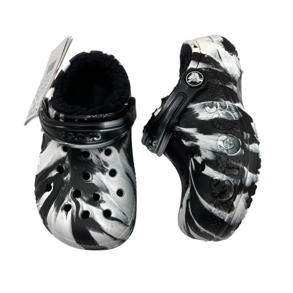 Crocs Toddler Boys Lined Clog Size 8 Black White Marbled Slip-on Cozy Warm Shoes